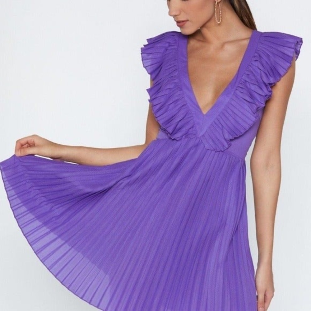 Nasty Gal Purple Pleated Mini Dress with Ruffle V-Neck